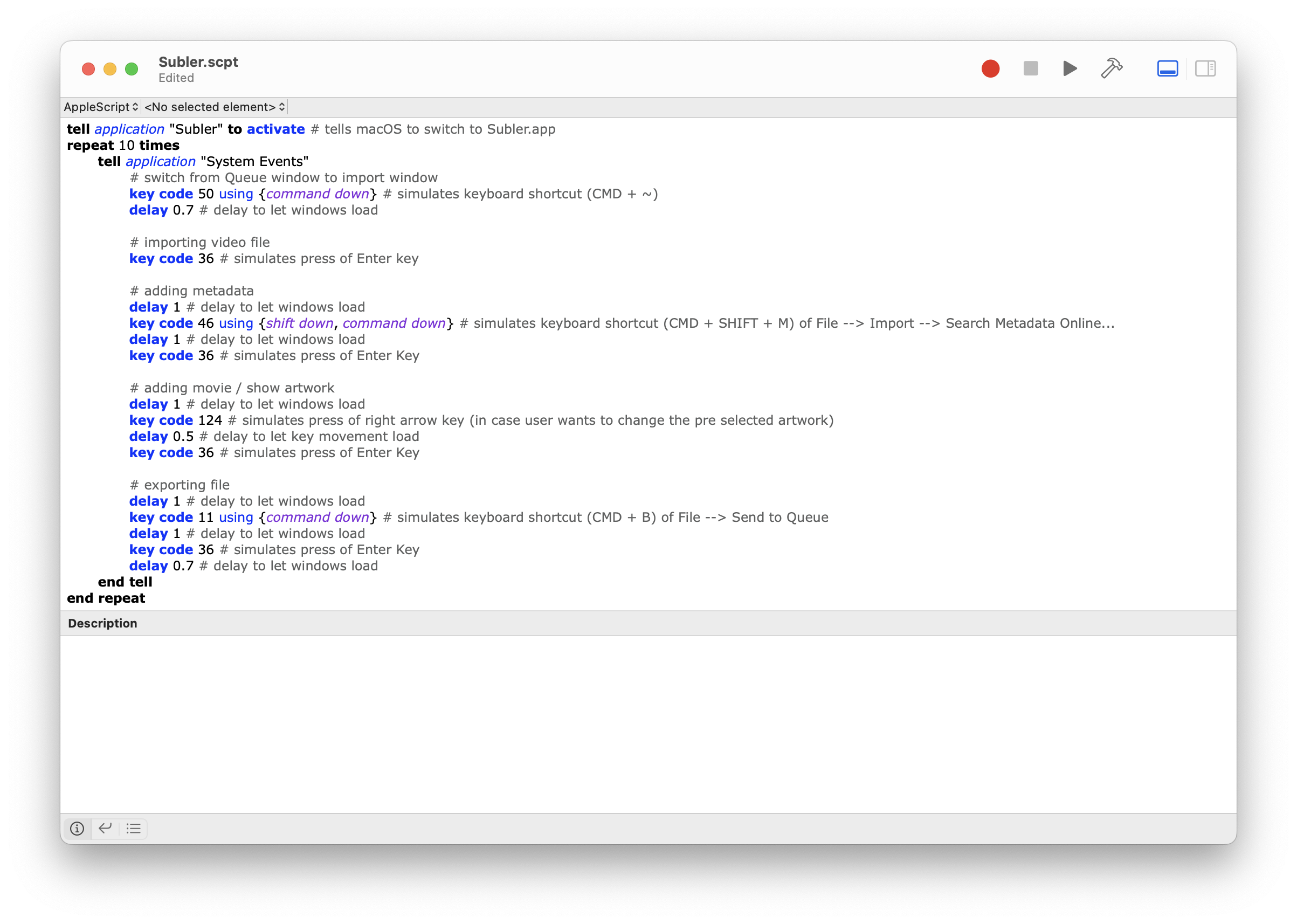 Screenshot of the complete Subler script