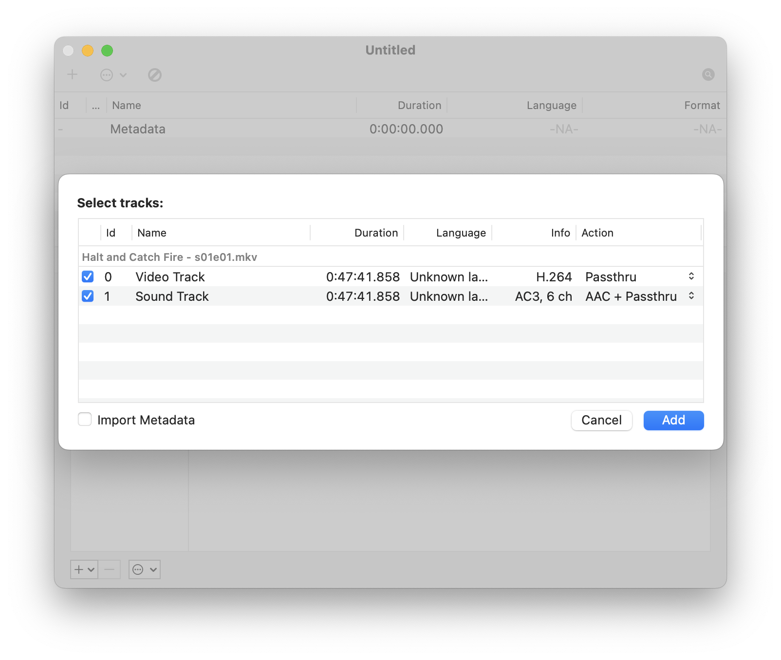 Screenshot of the Import dialog box in Subler