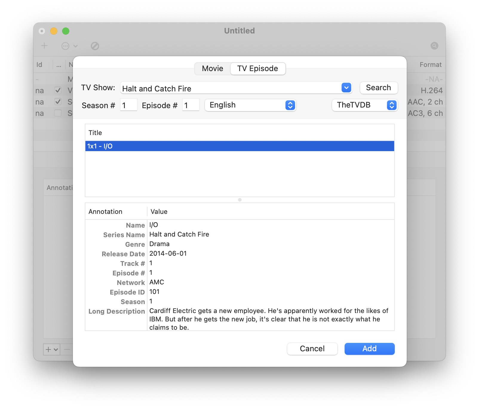 Screenshot of Adding Metadata in Subler