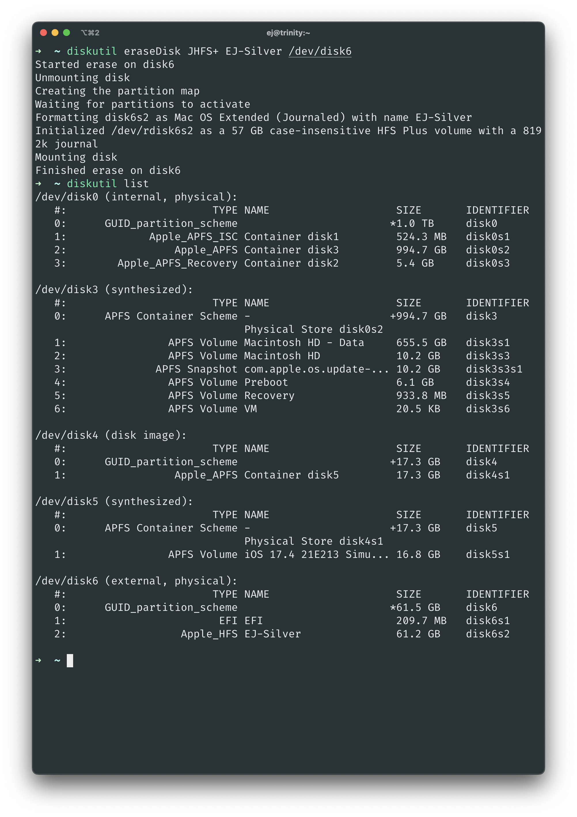 Screenshot of erasing a disk using the diskutil command