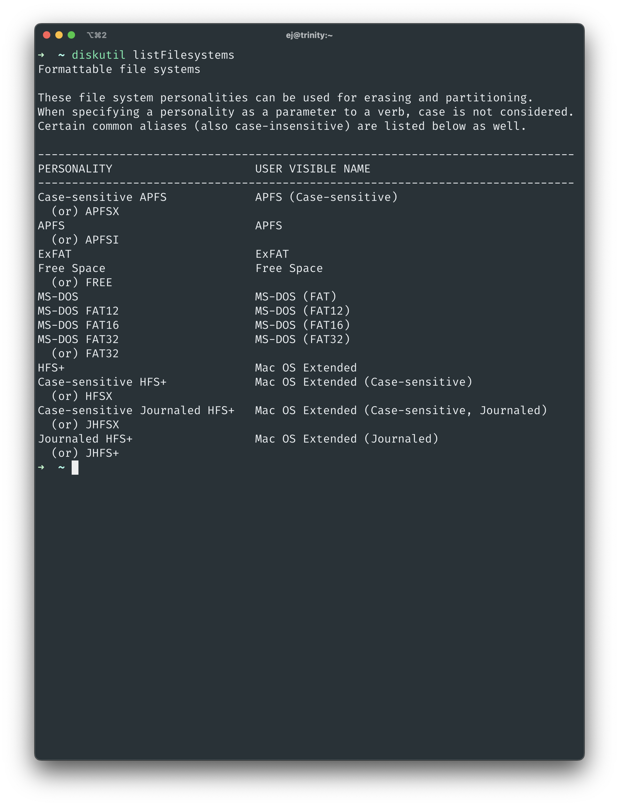 Screenshot of available formats using diskutil